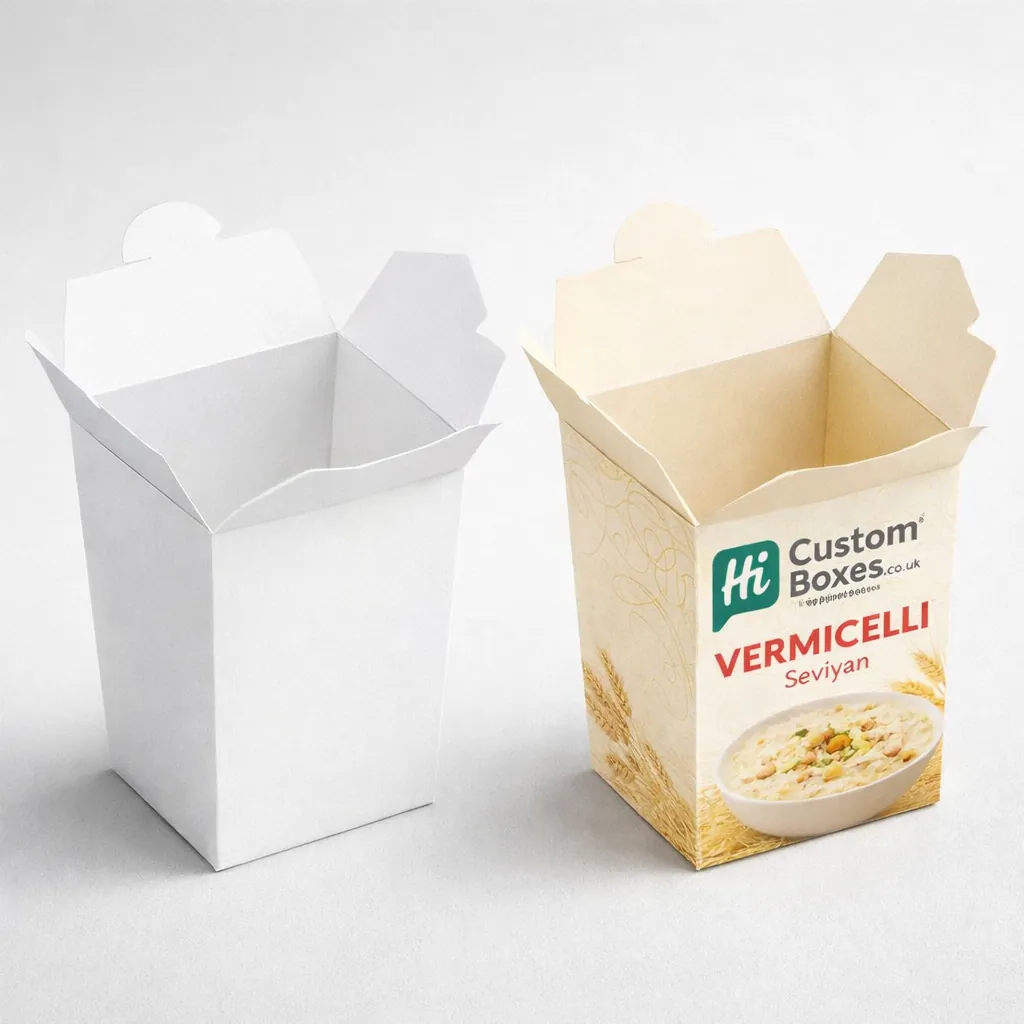 Custom cardboard gable-top boxes for vermicelli showing a white version and a colourful branded retail version. class=